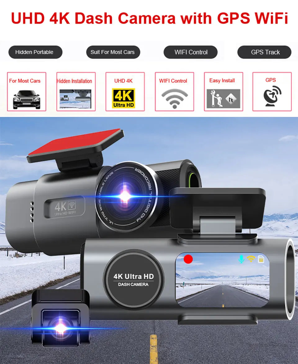 Cámara de Tablero 4K UHD para Auto DVR Visión Nocturna Grabadora de Video Wi-Fi GPS Monitoreo 24H