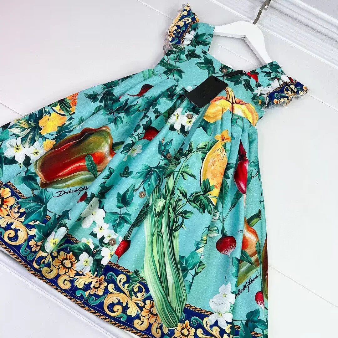 High end children's clothing 2024 Summer New Girls' Flying Sleeve Dress flower Print Children's Dress