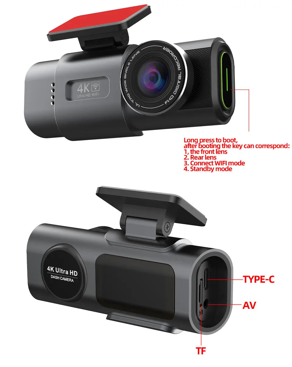 Cámara de Tablero 4K UHD para Auto DVR Visión Nocturna Grabadora de Video Wi-Fi GPS Monitoreo 24H