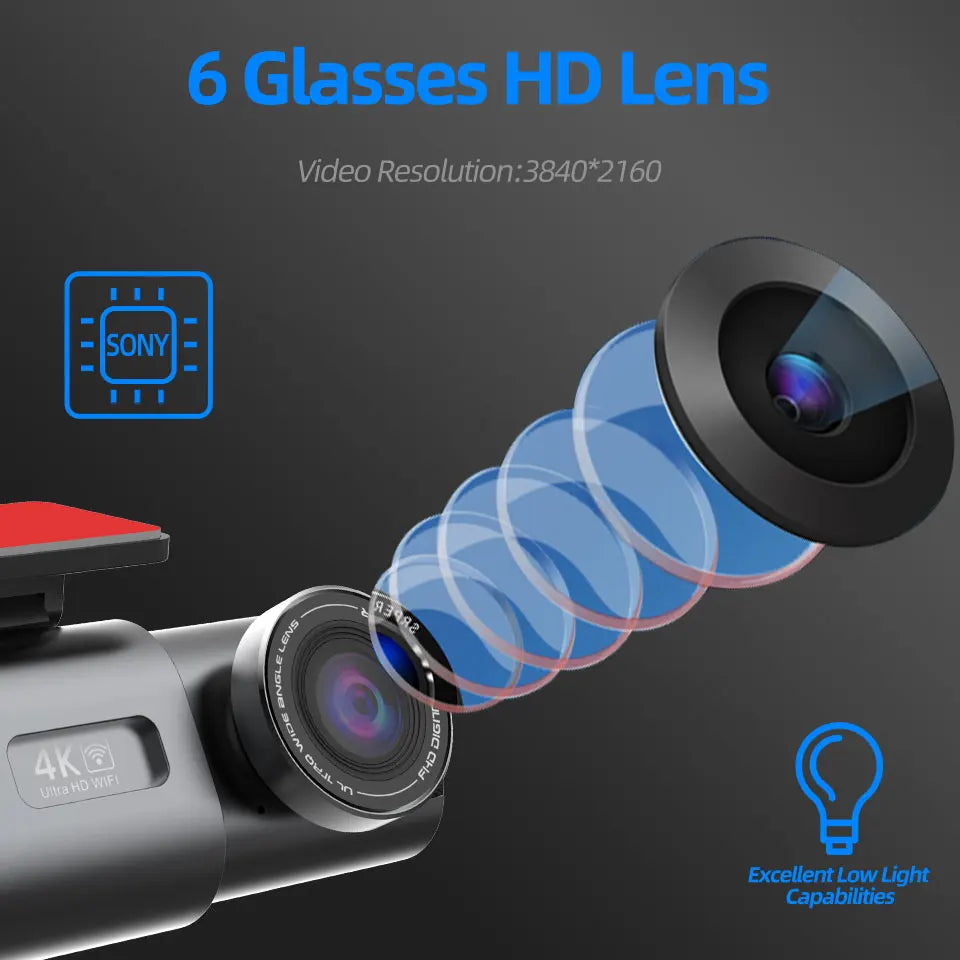 Cámara de Tablero 4K UHD para Auto DVR Visión Nocturna Grabadora de Video Wi-Fi GPS Monitoreo 24H