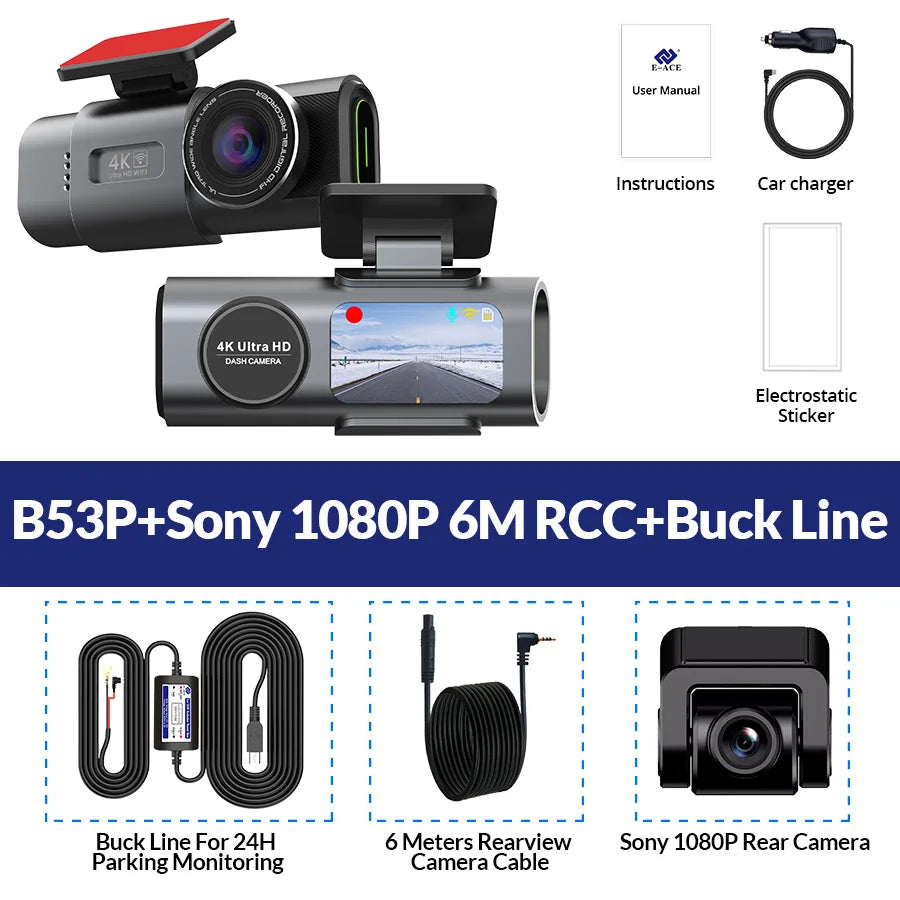 Cámara de Tablero 4K UHD para Auto DVR Visión Nocturna Grabadora de Video Wi-Fi GPS Monitoreo 24H