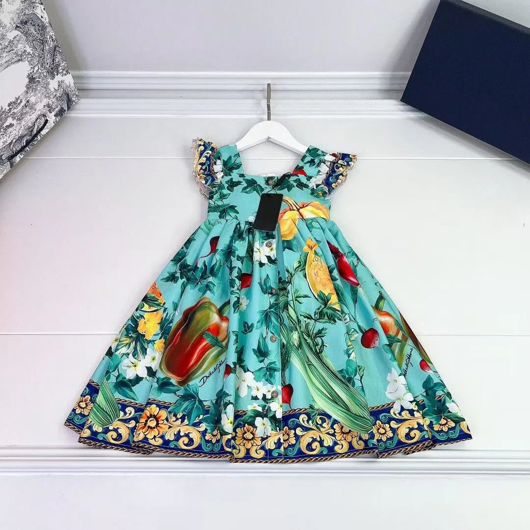 High end children's clothing 2024 Summer New Girls' Flying Sleeve Dress flower Print Children's Dress