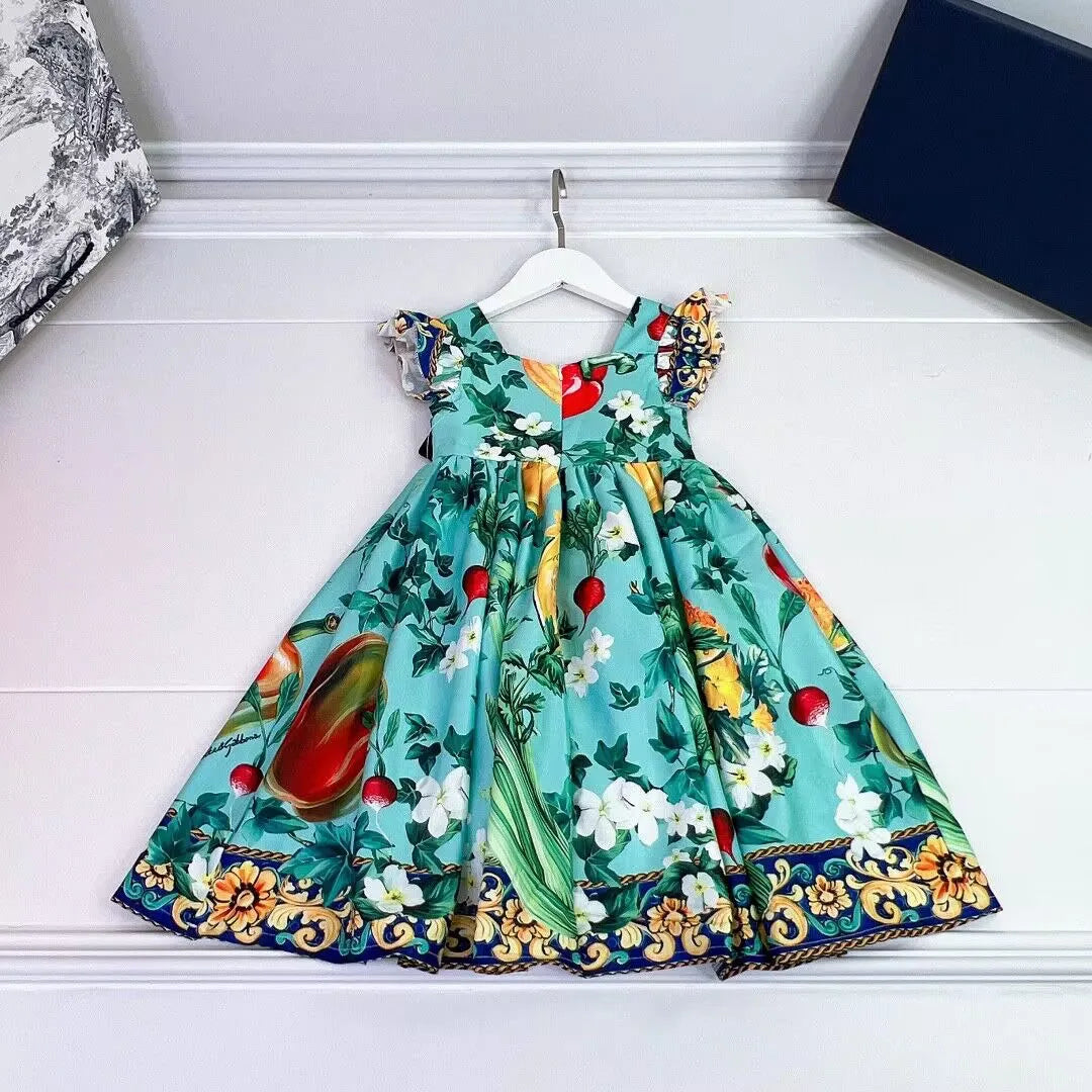 High end children's clothing 2024 Summer New Girls' Flying Sleeve Dress flower Print Children's Dress