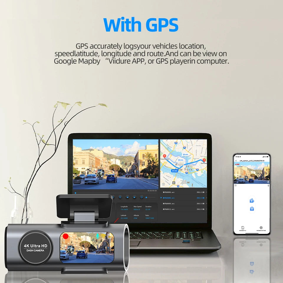 Cámara de Tablero 4K UHD para Auto DVR Visión Nocturna Grabadora de Video Wi-Fi GPS Monitoreo 24H