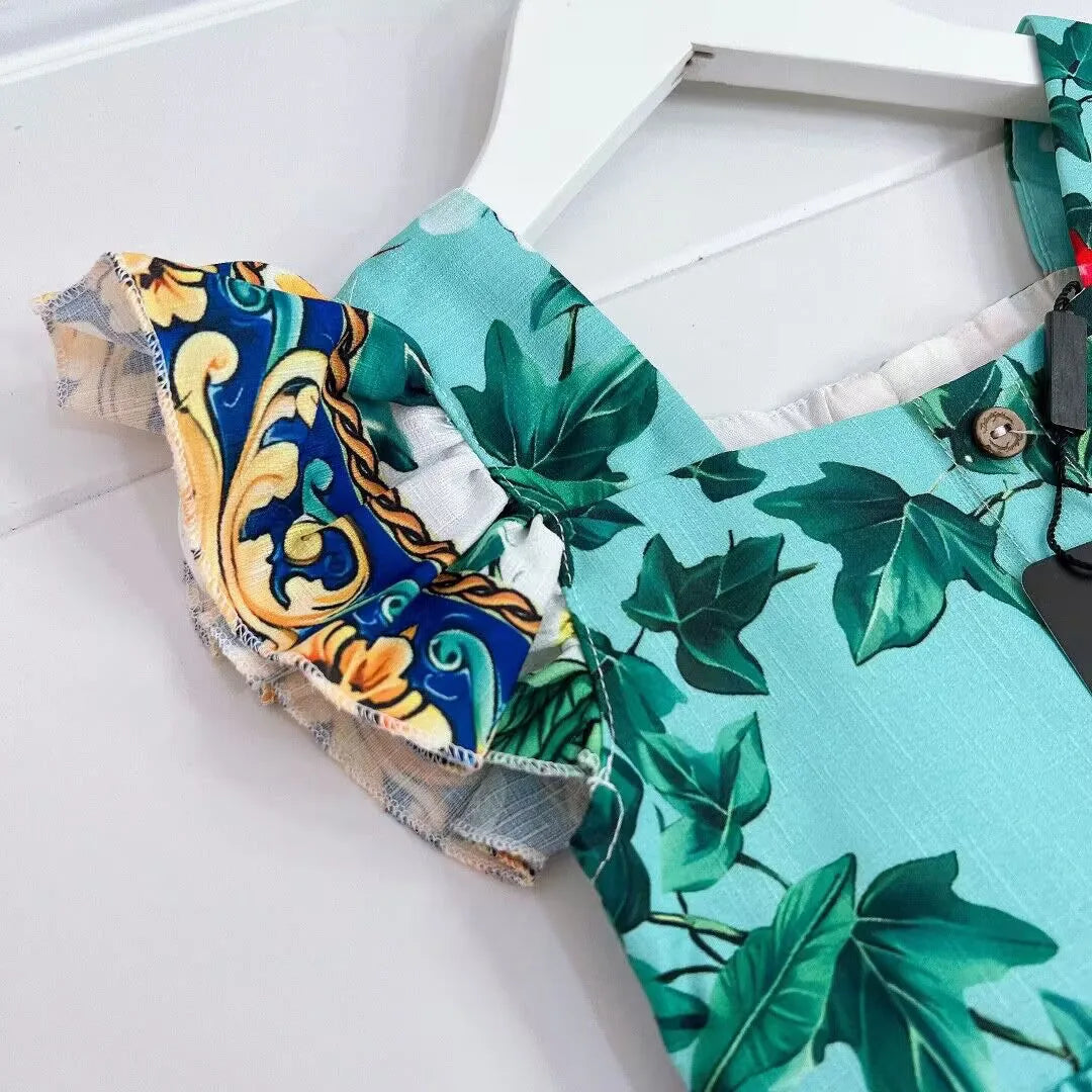 High end children's clothing 2024 Summer New Girls' Flying Sleeve Dress flower Print Children's Dress