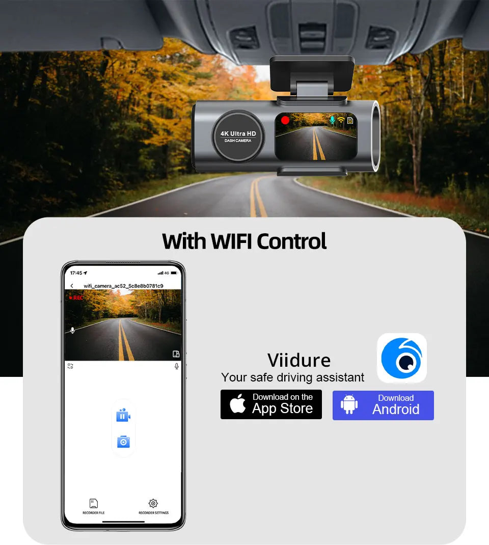 Cámara de Tablero 4K UHD para Auto DVR Visión Nocturna Grabadora de Video Wi-Fi GPS Monitoreo 24H