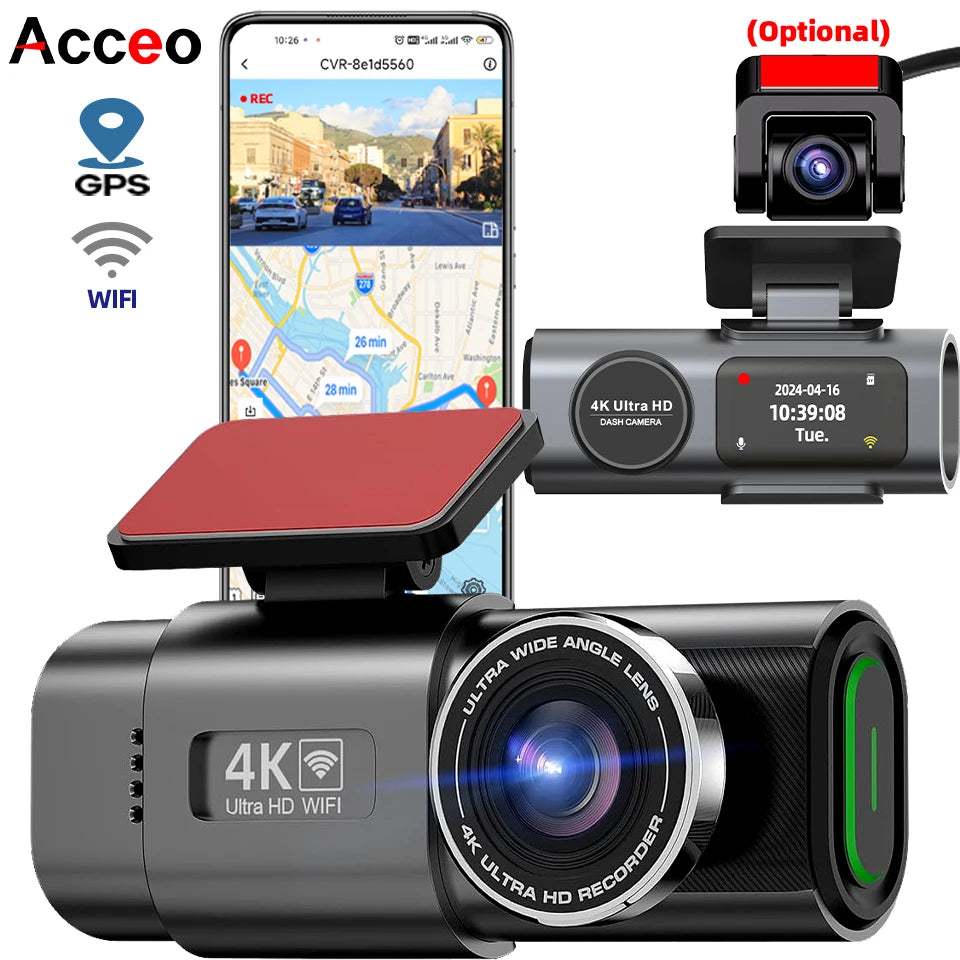 Cámara de Tablero 4K UHD para Auto DVR Visión Nocturna Grabadora de Video Wi-Fi GPS Monitoreo 24H